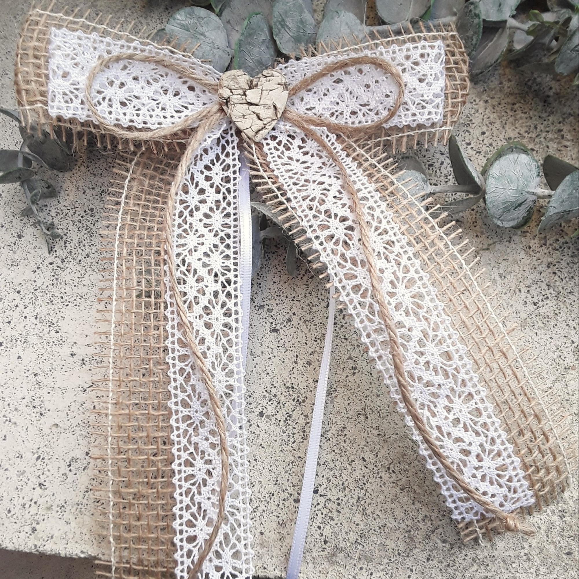 Dekoschleife Schleife Antennenschleife Hochzeit vintage Jute Spitze Birkenherz